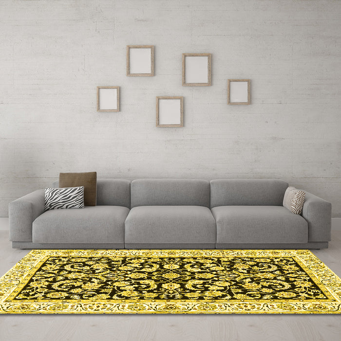 Machine Washable Persian Yellow Traditional Rug in a Living Room, wshtr3526yw