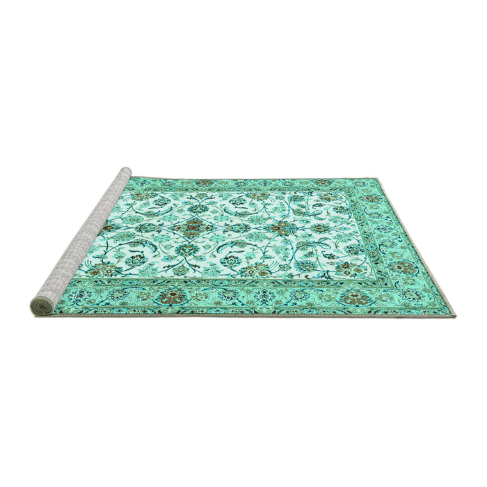Sideview of Machine Washable Persian Turquoise Traditional Area Rugs, wshtr3527turq