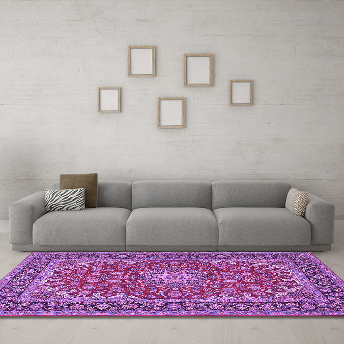 Machine Washable Medallion Purple Traditional Area Rugs in a Living Room, wshtr3529pur