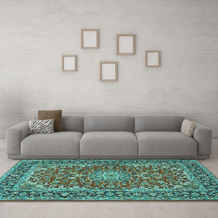 Machine Washable Medallion Turquoise Traditional Area Rugs in a Living Room,, wshtr3529turq