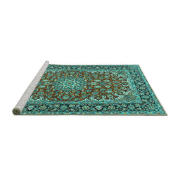 Sideview of Machine Washable Medallion Turquoise Traditional Area Rugs, wshtr3529turq