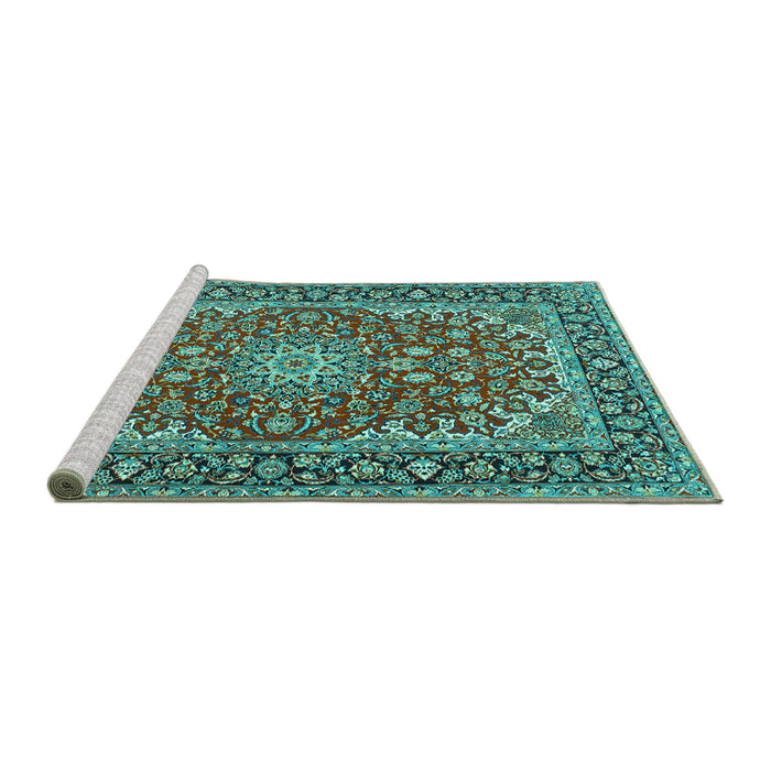 Sideview of Machine Washable Medallion Turquoise Traditional Area Rugs, wshtr3529turq