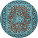 Round Machine Washable Medallion Light Blue Traditional Rug, wshtr3529lblu