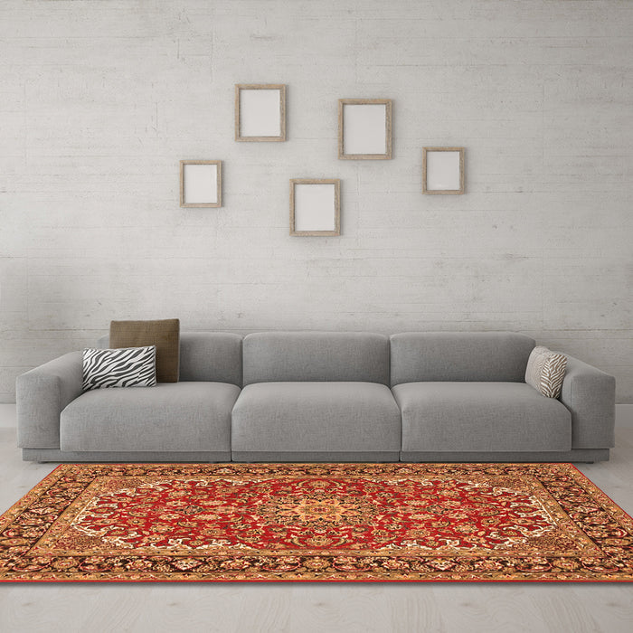Machine Washable Medallion Orange Traditional Area Rugs in a Living Room, wshtr3529org