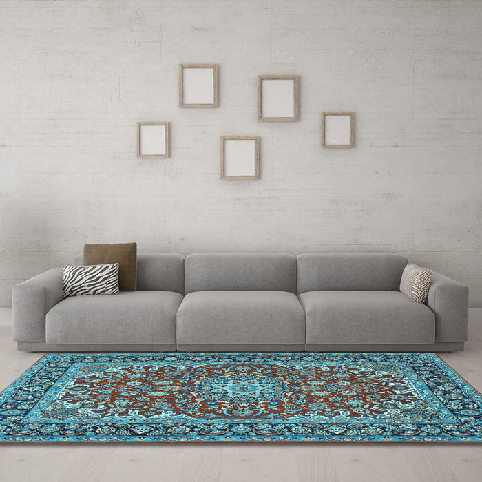 Machine Washable Medallion Light Blue Traditional Rug in a Living Room, wshtr3529lblu