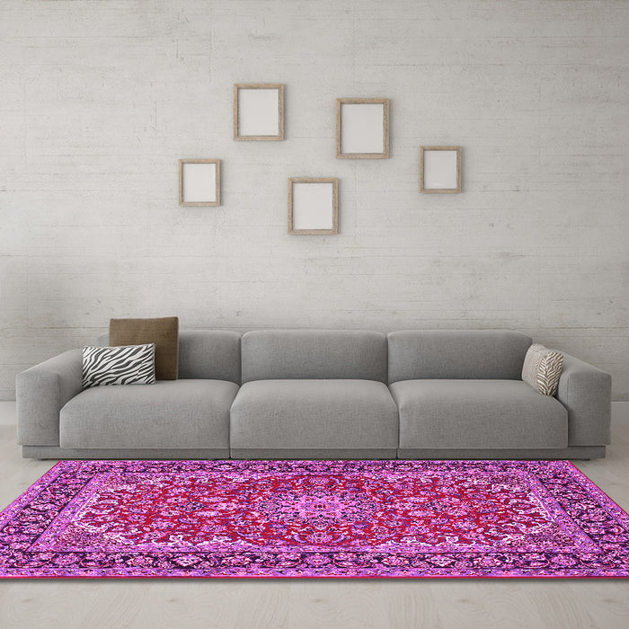 Machine Washable Medallion Pink Traditional Rug in a Living Room, wshtr3529pnk