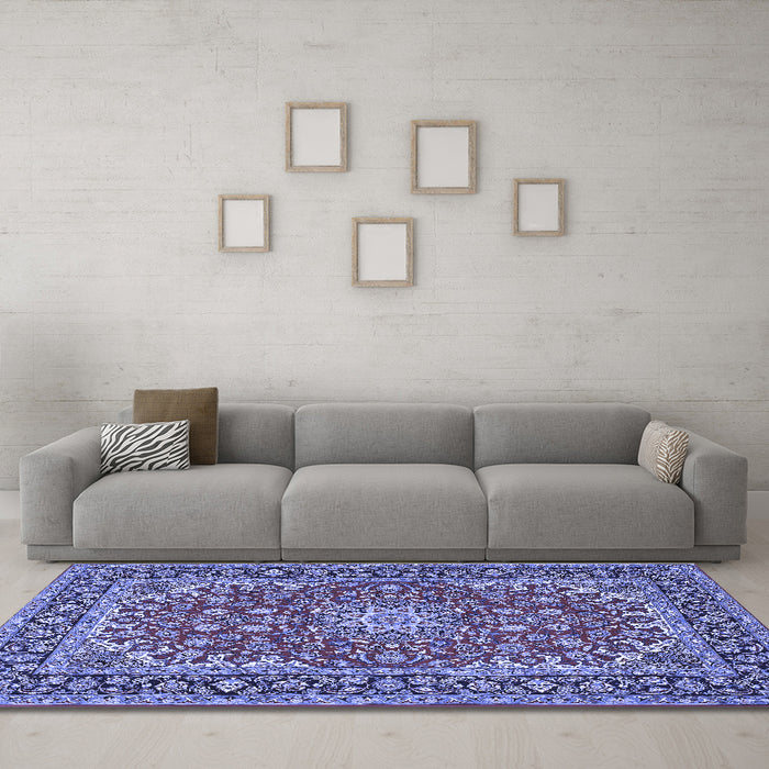 Machine Washable Medallion Blue Traditional Rug in a Living Room, wshtr3529blu