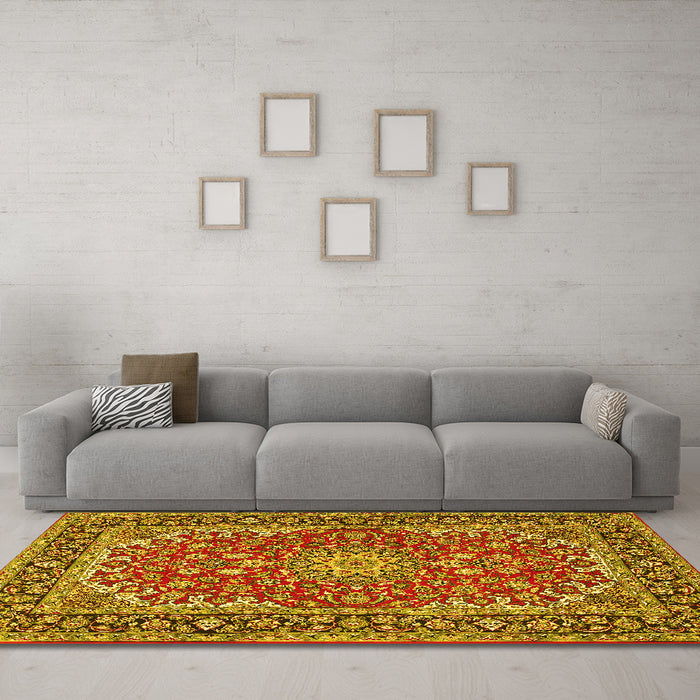 Machine Washable Medallion Yellow Traditional Rug in a Living Room, wshtr3529yw
