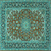 Square Machine Washable Medallion Turquoise Traditional Area Rugs, wshtr3529turq