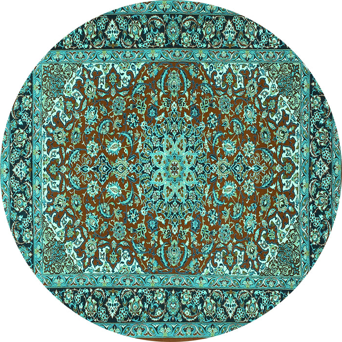 Round Machine Washable Medallion Turquoise Traditional Area Rugs, wshtr3529turq