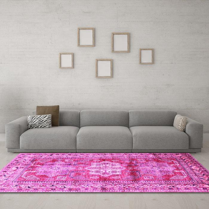 Machine Washable Geometric Pink Traditional Rug in a Living Room, wshtr352pnk