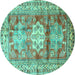 Round Geometric Turquoise Traditional Rug, tr352turq