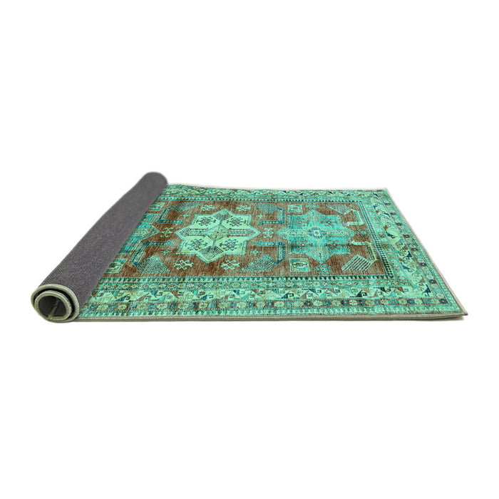 Sideview of Geometric Turquoise Traditional Rug, tr352turq