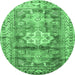 Round Geometric Emerald Green Traditional Rug, tr352emgrn