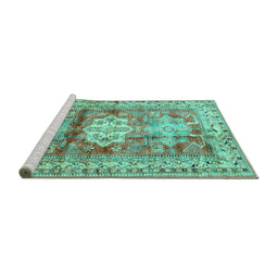Sideview of Machine Washable Geometric Turquoise Traditional Area Rugs, wshtr352turq