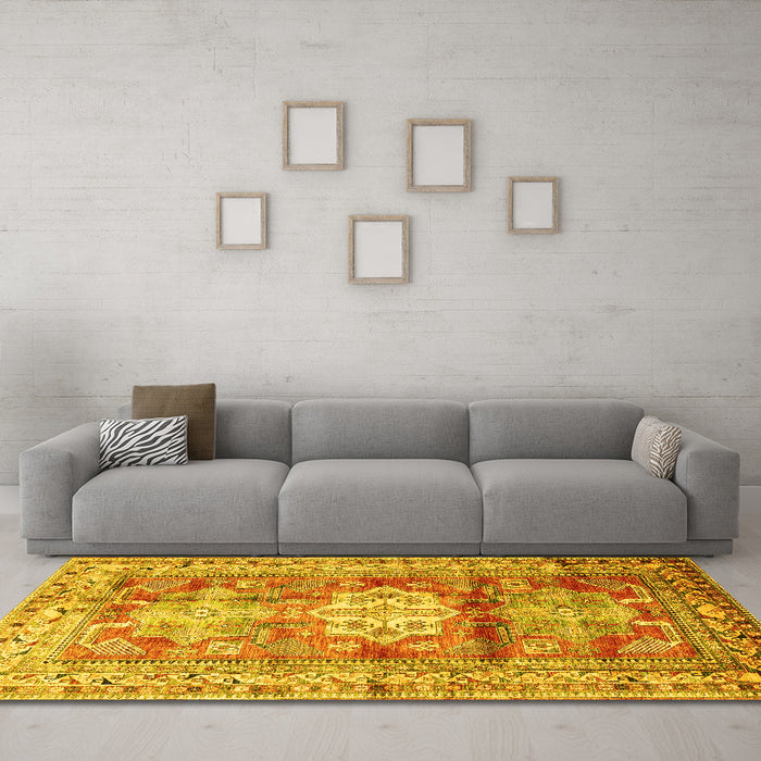 Machine Washable Geometric Yellow Traditional Rug in a Living Room, wshtr352yw