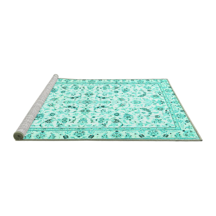 Sideview of Machine Washable Persian Turquoise Traditional Area Rugs, wshtr3531turq