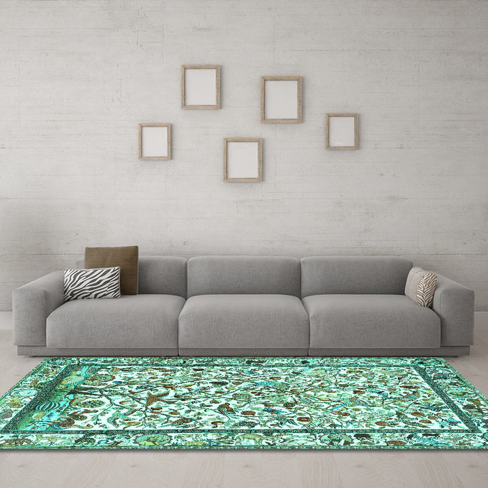 Machine Washable Persian Turquoise Traditional Area Rugs in a Living Room,, wshtr3533turq