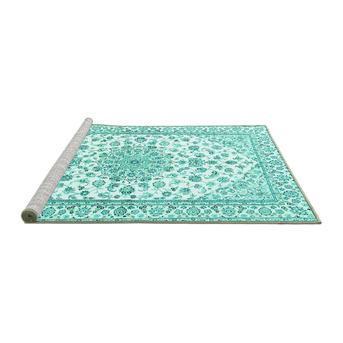 Sideview of Machine Washable Persian Turquoise Traditional Area Rugs, wshtr3535turq