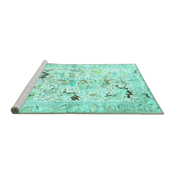 Sideview of Machine Washable Persian Turquoise Traditional Area Rugs, wshtr3536turq