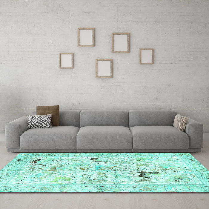 Machine Washable Persian Turquoise Traditional Area Rugs in a Living Room,, wshtr3536turq