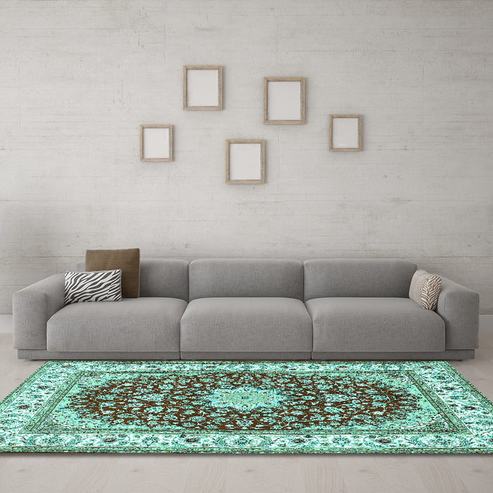 Machine Washable Persian Turquoise Traditional Area Rugs in a Living Room,, wshtr3538turq