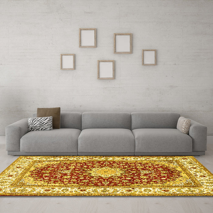 Machine Washable Persian Yellow Traditional Rug in a Living Room, wshtr3538yw