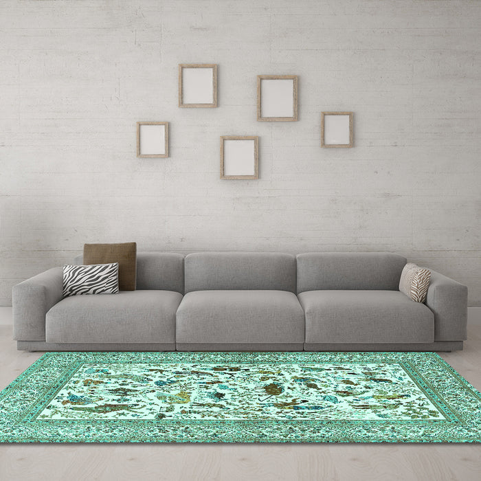 Machine Washable Animal Turquoise Traditional Area Rugs in a Living Room,, wshtr3539turq
