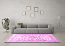 Machine Washable Medallion Pink Traditional Rug in a Living Room, wshtr353pnk