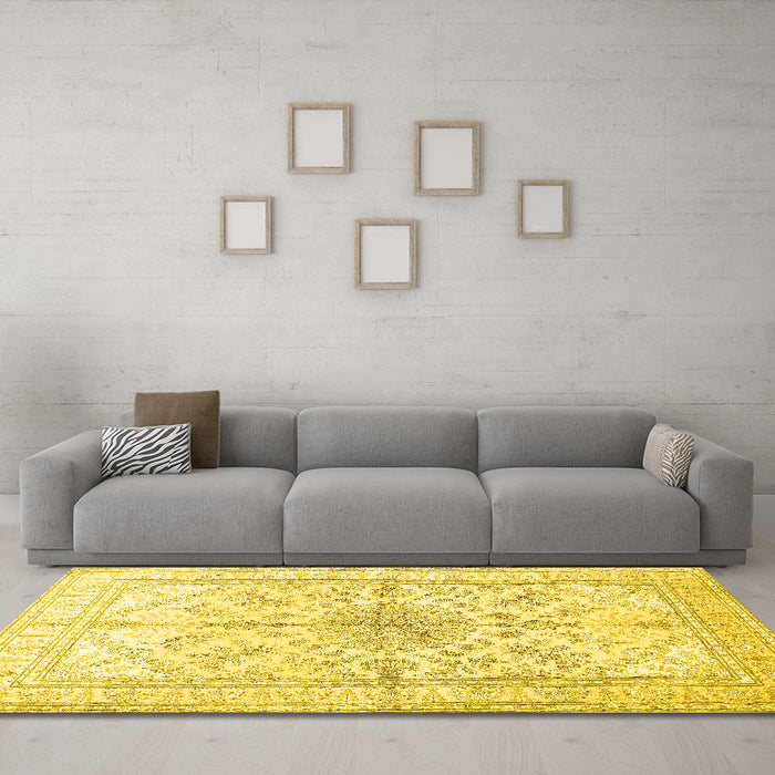 Machine Washable Medallion Yellow Traditional Rug in a Living Room, wshtr353yw