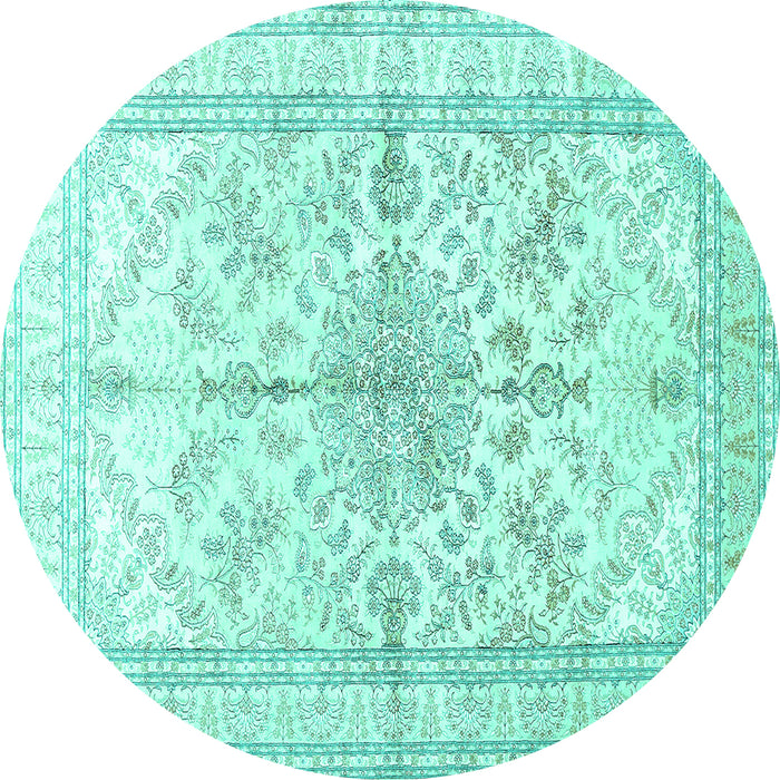 Round Machine Washable Medallion Turquoise Traditional Area Rugs, wshtr353turq