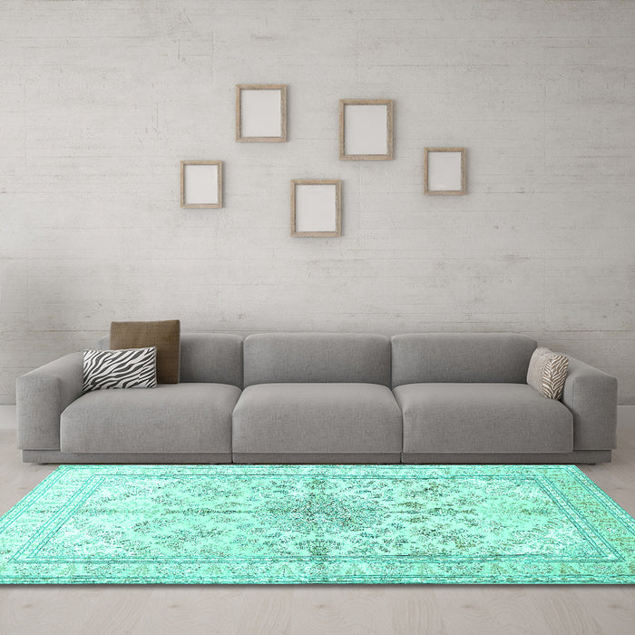 Machine Washable Medallion Turquoise Traditional Area Rugs in a Living Room,, wshtr353turq