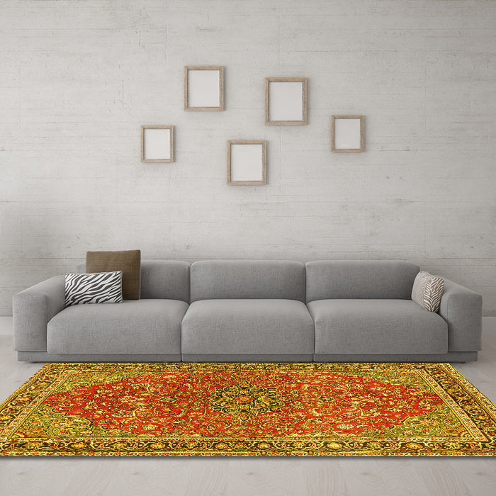 Machine Washable Persian Yellow Traditional Rug in a Living Room, wshtr3542yw