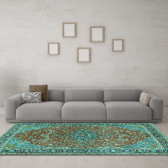 Machine Washable Persian Turquoise Traditional Area Rugs in a Living Room,, wshtr3542turq