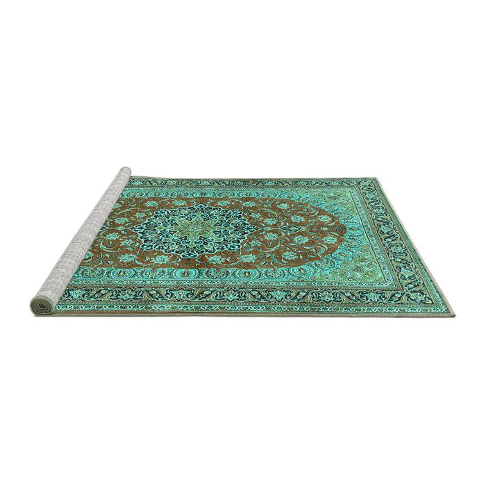 Sideview of Machine Washable Persian Turquoise Traditional Area Rugs, wshtr3544turq