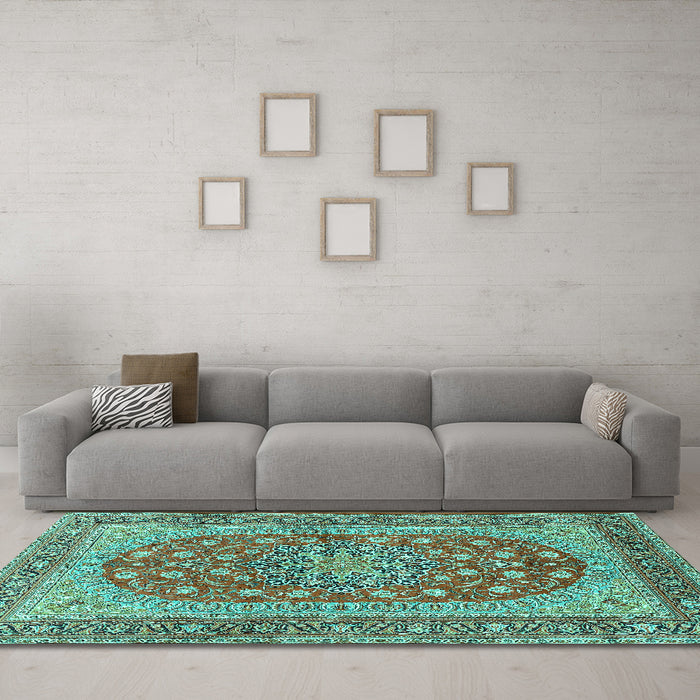Machine Washable Persian Turquoise Traditional Area Rugs in a Living Room,, wshtr3544turq