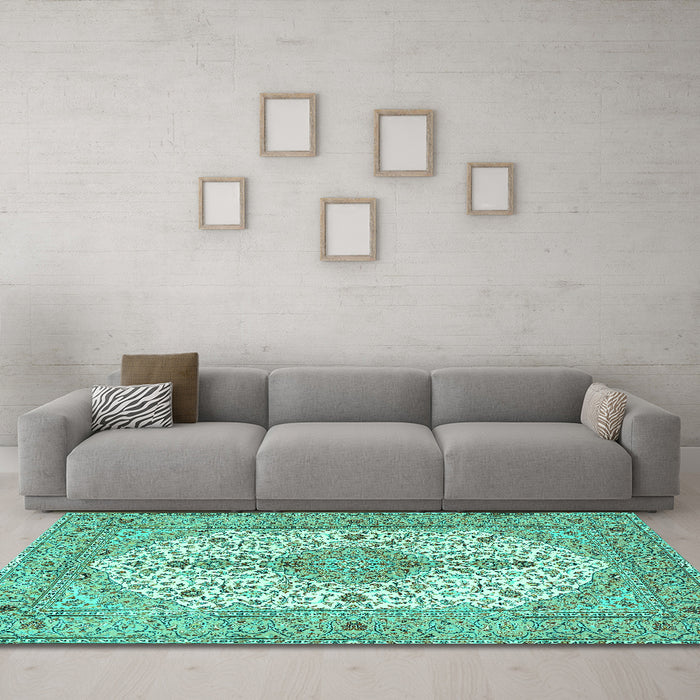 Machine Washable Persian Turquoise Traditional Area Rugs in a Living Room,, wshtr3545turq