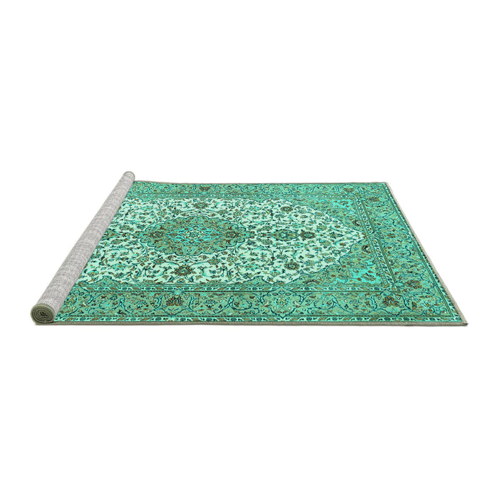 Sideview of Machine Washable Persian Turquoise Traditional Area Rugs, wshtr3545turq