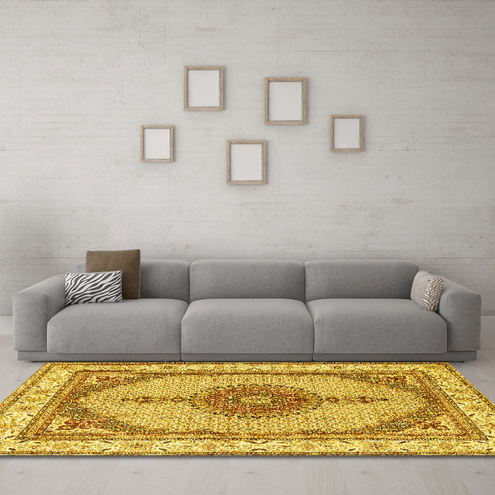 Machine Washable Persian Yellow Traditional Rug in a Living Room, wshtr3546yw