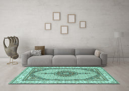 Machine Washable Persian Turquoise Traditional Area Rugs in a Living Room,, wshtr3546turq