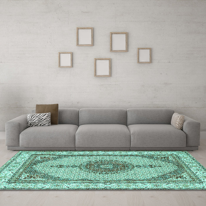Machine Washable Persian Turquoise Traditional Area Rugs in a Living Room,, wshtr3546turq