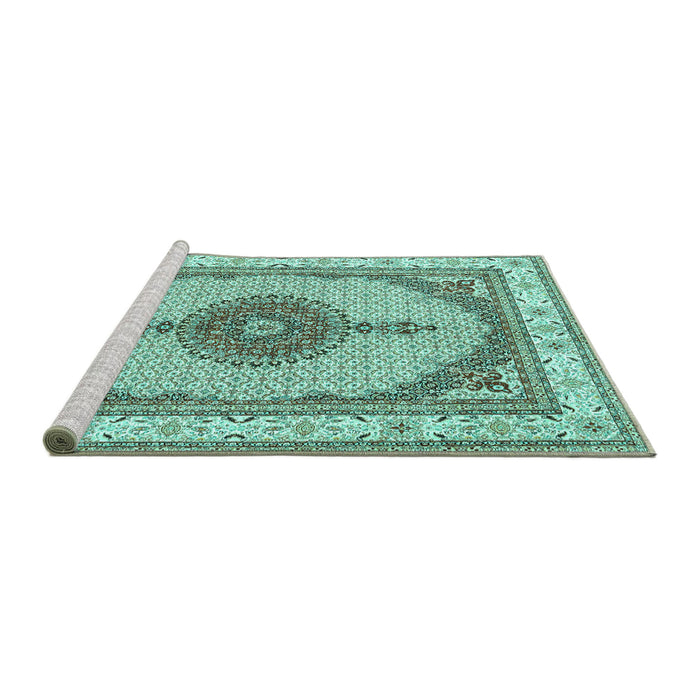 Sideview of Machine Washable Persian Turquoise Traditional Area Rugs, wshtr3546turq