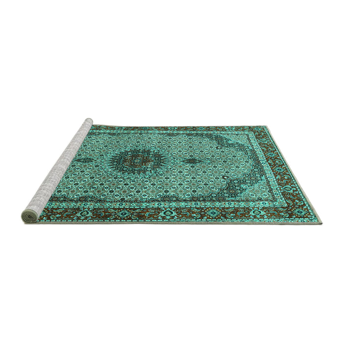 Sideview of Machine Washable Persian Turquoise Traditional Area Rugs, wshtr3548turq