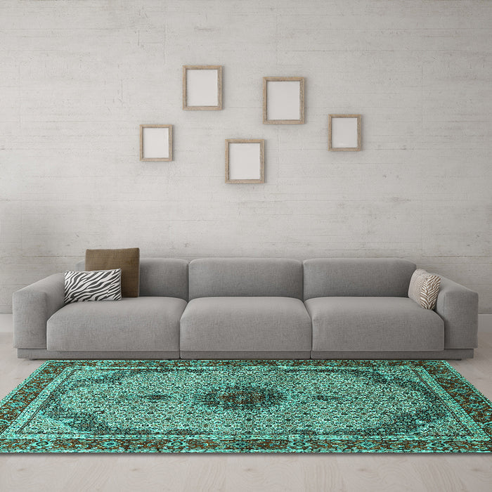 Machine Washable Persian Turquoise Traditional Area Rugs in a Living Room,, wshtr3548turq