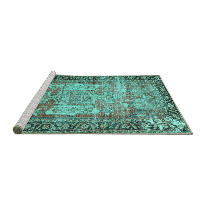 Sideview of Machine Washable Persian Turquoise Traditional Area Rugs, wshtr3549turq