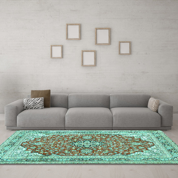 Machine Washable Medallion Turquoise Traditional Area Rugs in a Living Room,, wshtr354turq