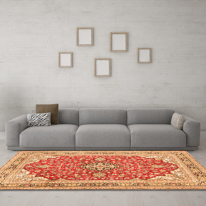 Machine Washable Medallion Orange Traditional Area Rugs in a Living Room, wshtr354org