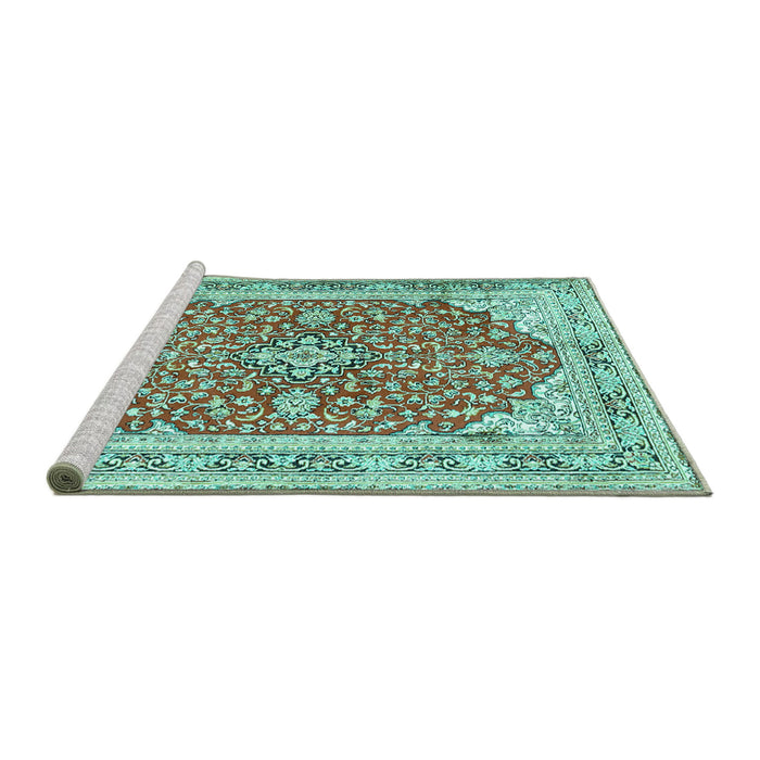 Sideview of Machine Washable Medallion Turquoise Traditional Area Rugs, wshtr354turq