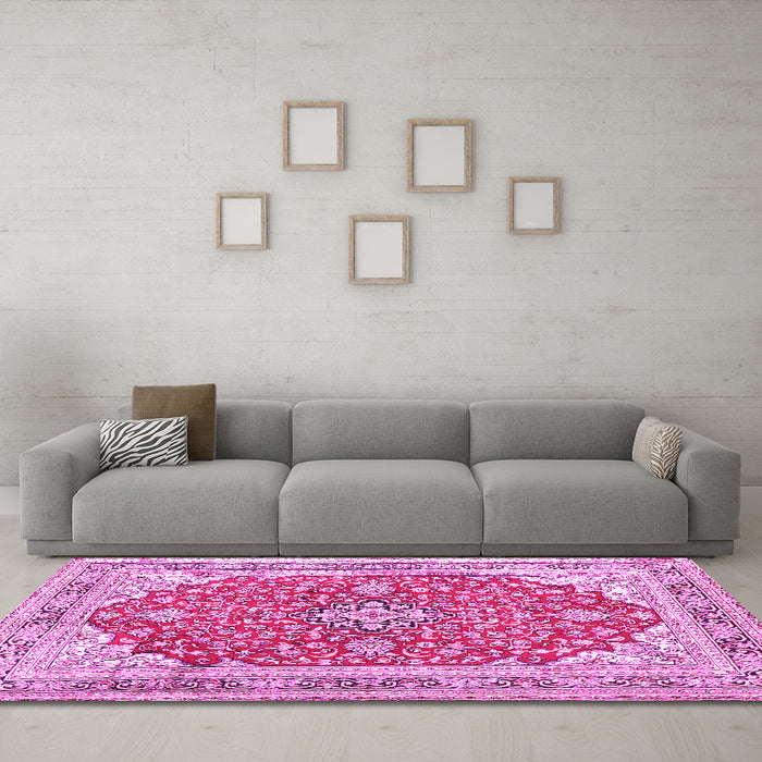 Machine Washable Medallion Pink Traditional Rug in a Living Room, wshtr354pnk
