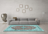 Machine Washable Medallion Light Blue Traditional Rug, wshtr354lblu